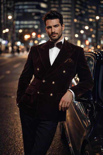 Cocoa Regent Velvet Double-Breasted Tuxedo Suit by Rossiman