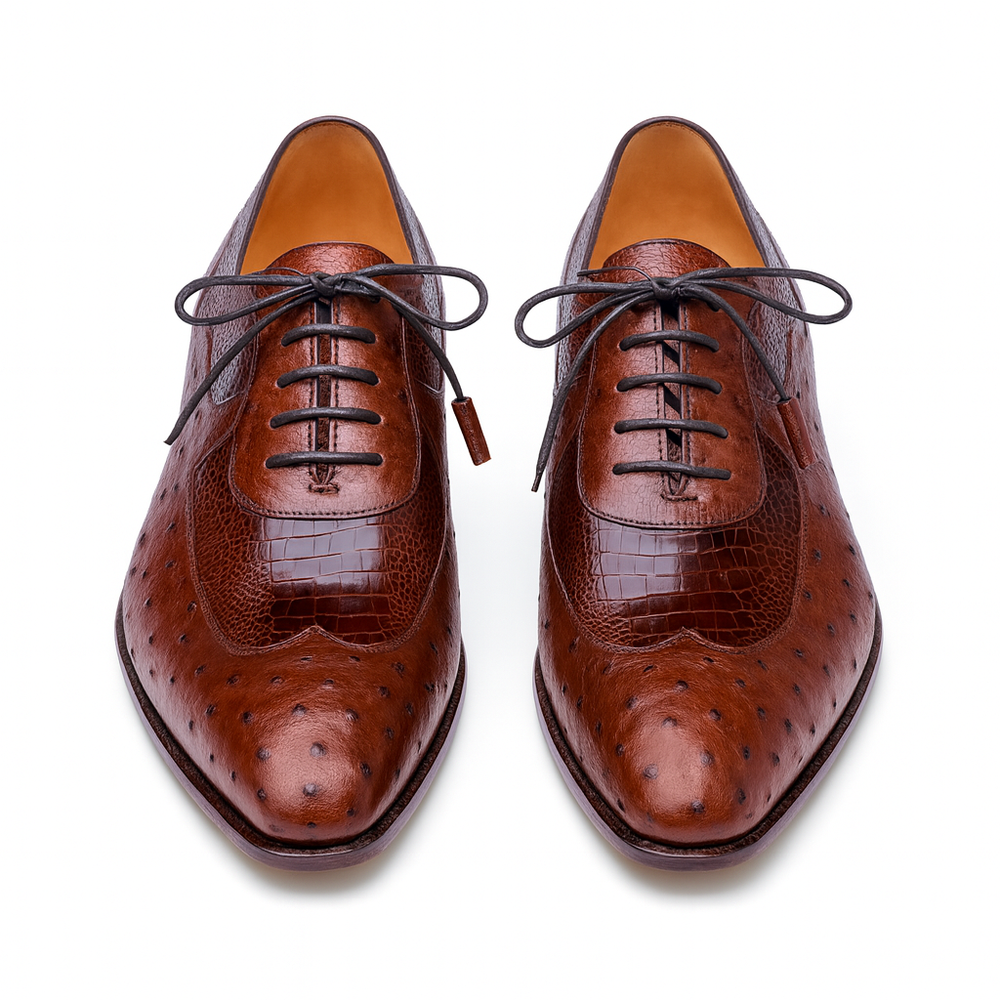 Mens Mezlan Getty Ostrich Wingtip Dress Shoe in Cognac