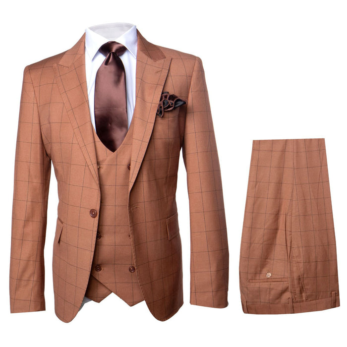 Cognac Windowpane 3-Piece Modern Executive Suit by Rossiman