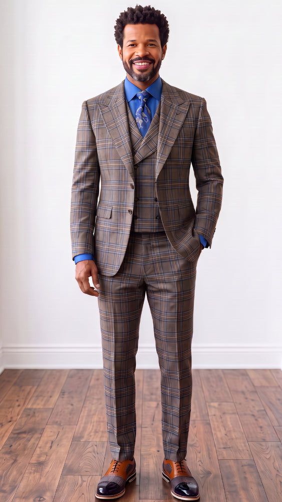 Statement Men's 3-Piece 100% Wool Tailored Fit Plaid Suit - Double Breasted Vest - Brown