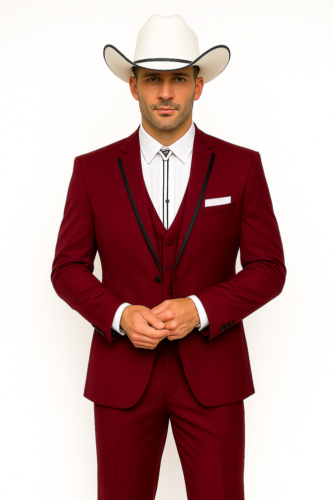 SKU#JA60892 Country Tuxedos Mens Traje Vaquero - Burgundy Tuxedo