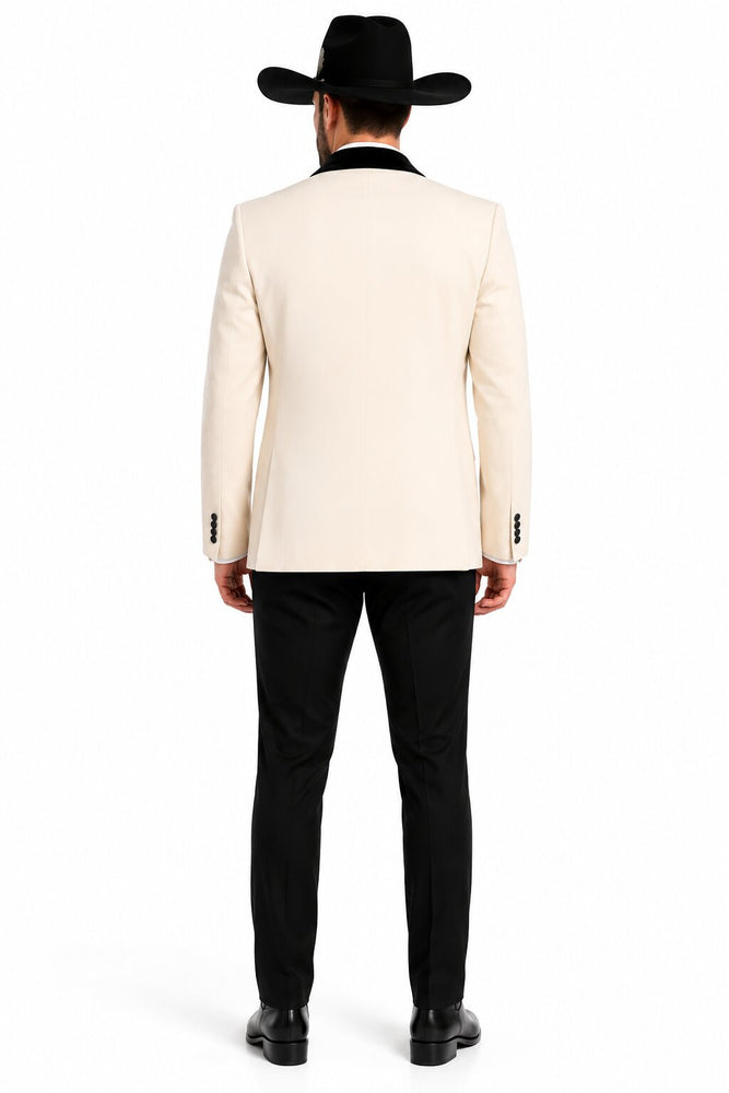 Mens Western Tuxedo Suit – Cream Cowboy Blazer with Black Velvet Vest and Satin Shawl Lapel