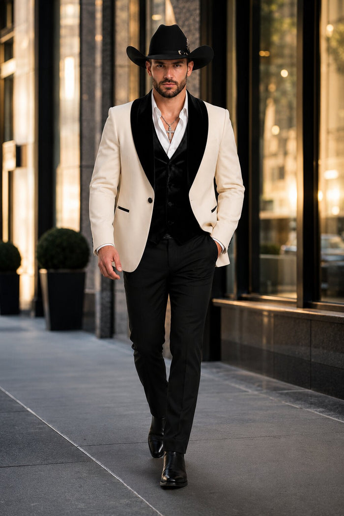 Mens Western Tuxedo Suit – Cream Cowboy Blazer with Black Velvet Vest and Satin Shawl Lapel
