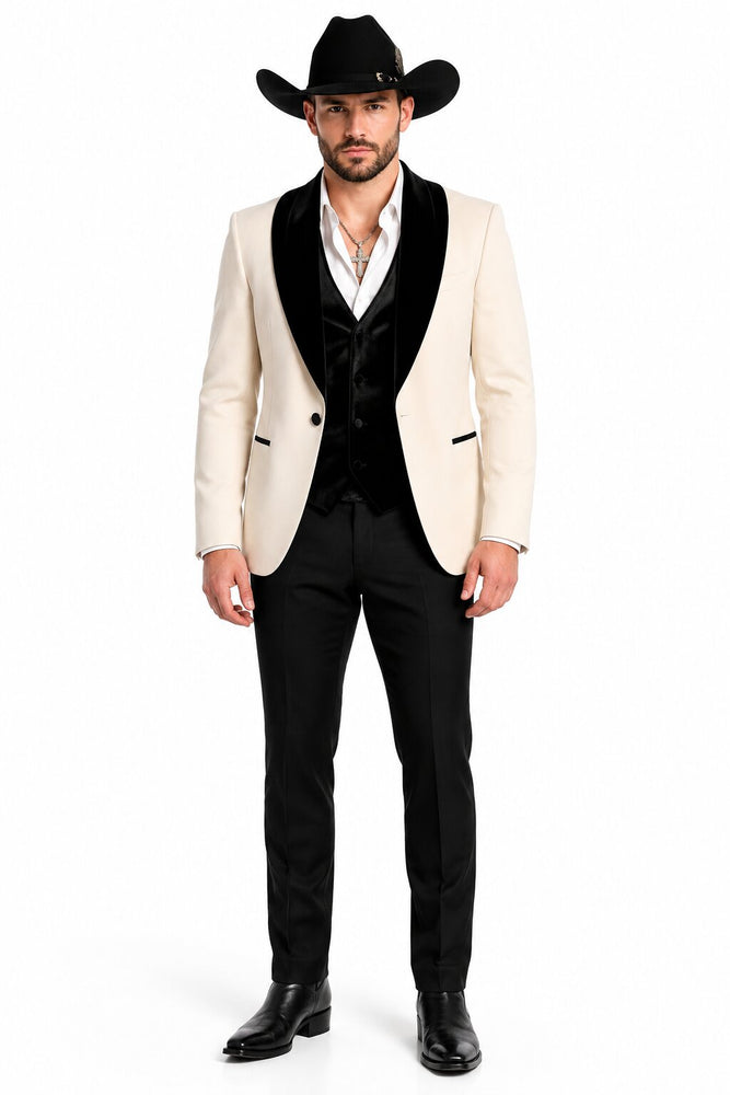 Mens Western Tuxedo Suit – Cream Cowboy Blazer with Black Velvet Vest and Satin Shawl Lapel