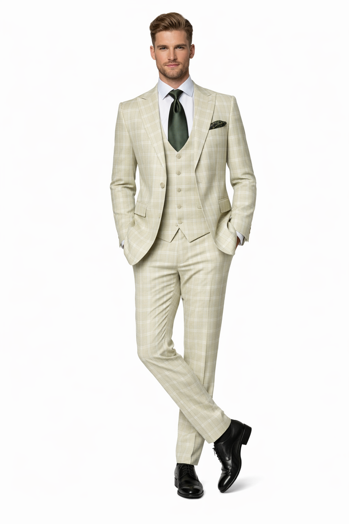 Rossiman Elite Cream Checkered 3-Piece Prestige Suit