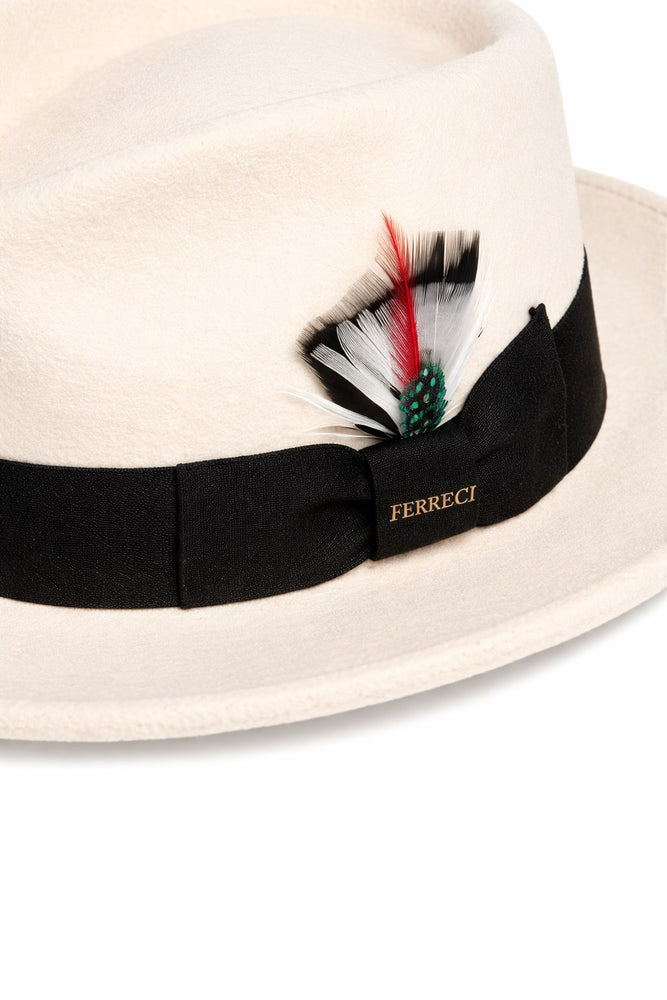 Gangster 100% Australian Wool Crushable Mens Fedora Hat - Removable Feather Gangster White/Black Mens Fedora Hat