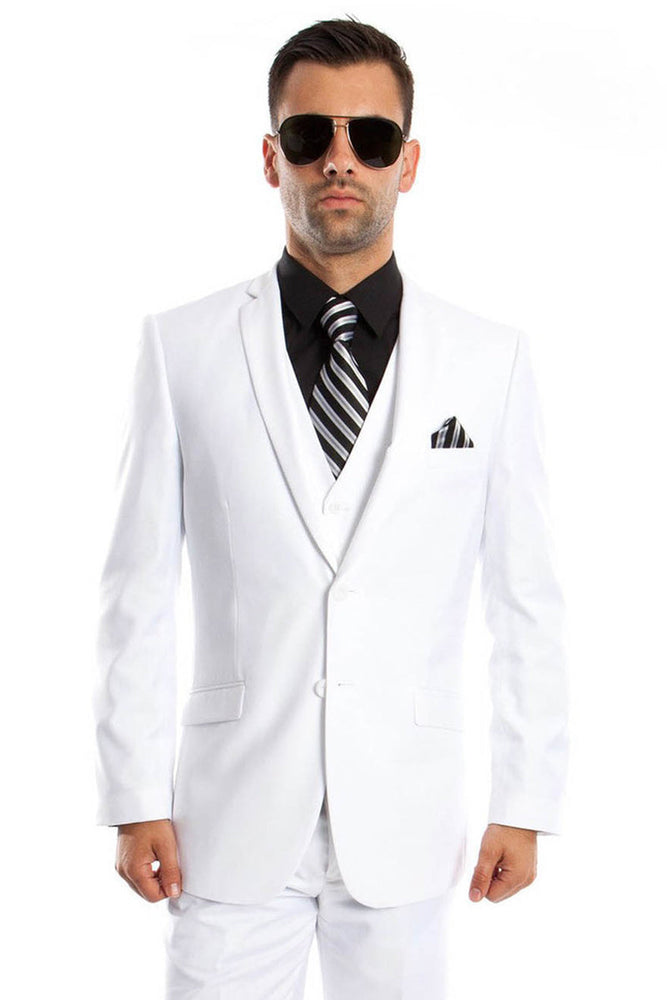 Men's Slim Fit White Wedding Suit with Vest and Two Buttons