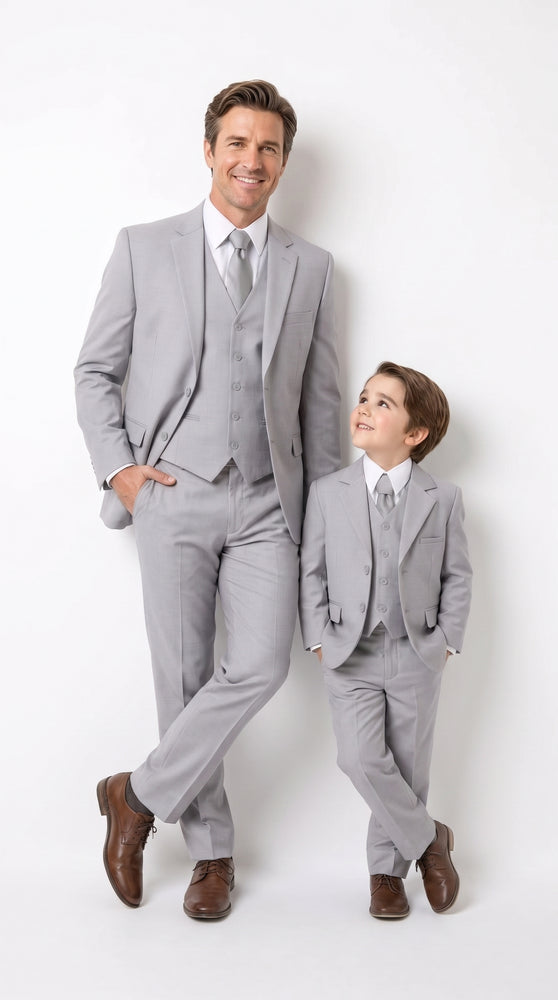 Dad and Son Suit – Father and Son Matching Light Gray 3-Piece Wedding Suits in Very Light Grey - Silver Ash Color