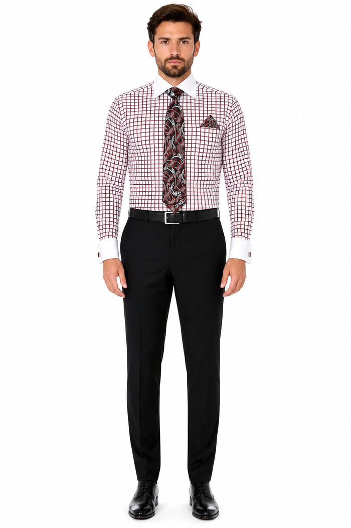 Daniel Ellissa Checked Pattern Two Tone French Cuff Burgundy ~ Wine ~ Maroon Color White Collar Big and Tall Sizes Two Toned Contrast 18 19 20 21 22 Inch Neck Men's Dress Shirt