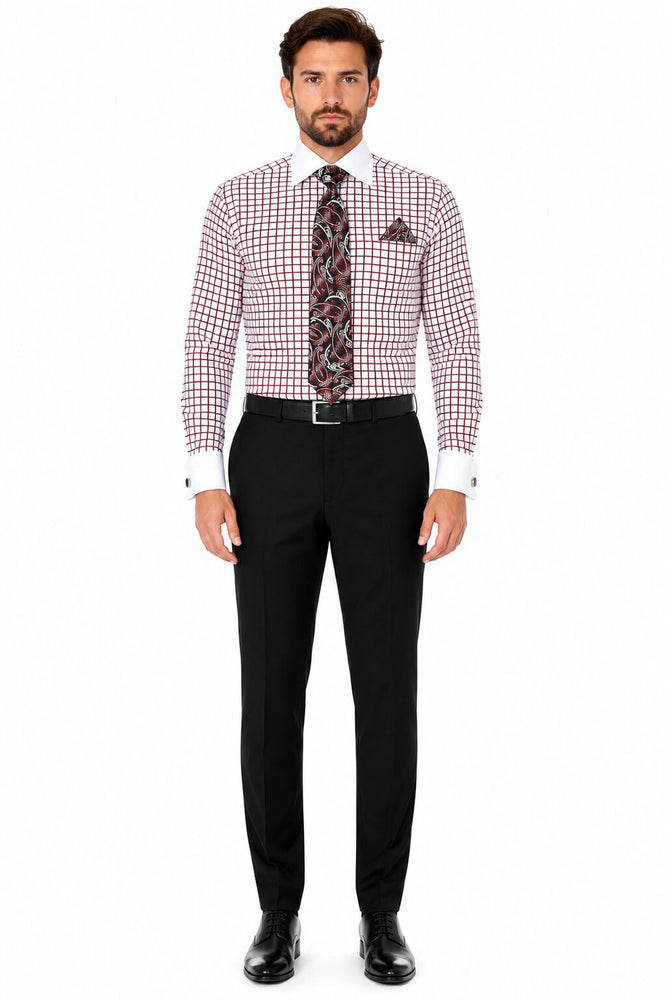 Daniel Ellissa Checked Pattern Two Tone French Cuff Burgundy ~ Wine ~ Maroon Color White Collar Big and Tall Sizes Two Toned Contrast 18 19 20 21 22 Inch Neck Men's Dress Shirt