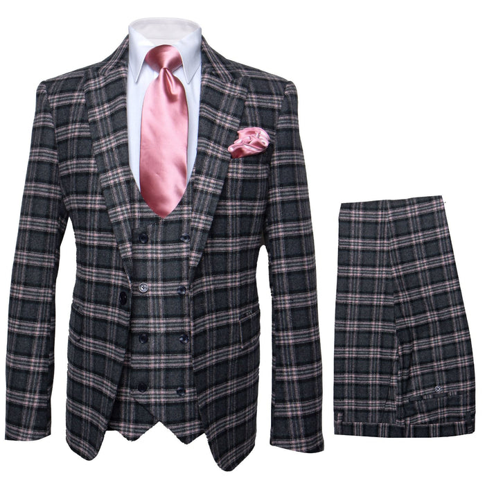 Dark Green & Pink Windowpane Tailored 3-Piece Luxury Suit by Rossiman