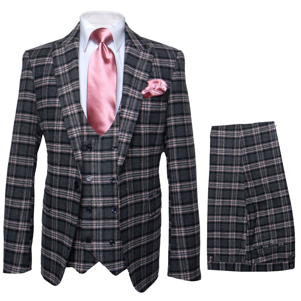Dark Green & Pink Windowpane Tailored 3-Piece Luxury Suit by Rossiman