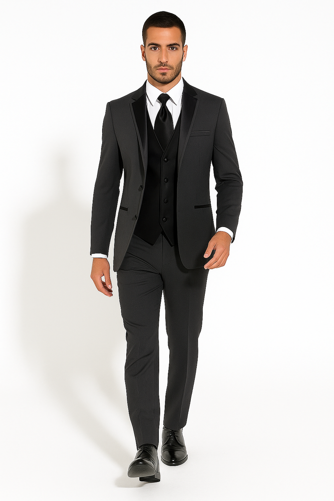Two Button Charcoal Wool Tuxedo With Black Satin Custom for Wedding or Prom 2025