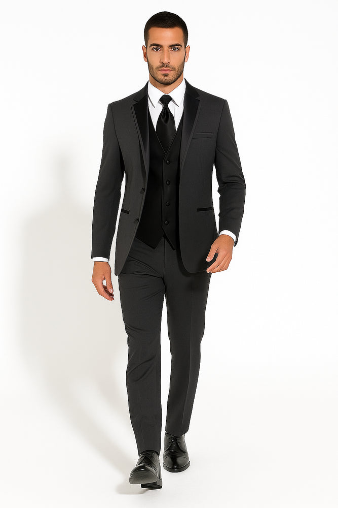 Two Button Charcoal Wool Tuxedo With Black Satin Custom for Wedding or Prom 2026