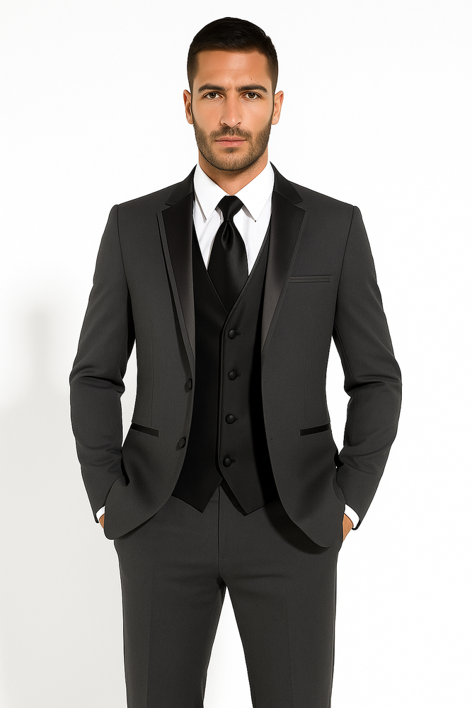 Two Button Charcoal Wool Tuxedo With Black Satin Custom for Wedding or Prom 2025