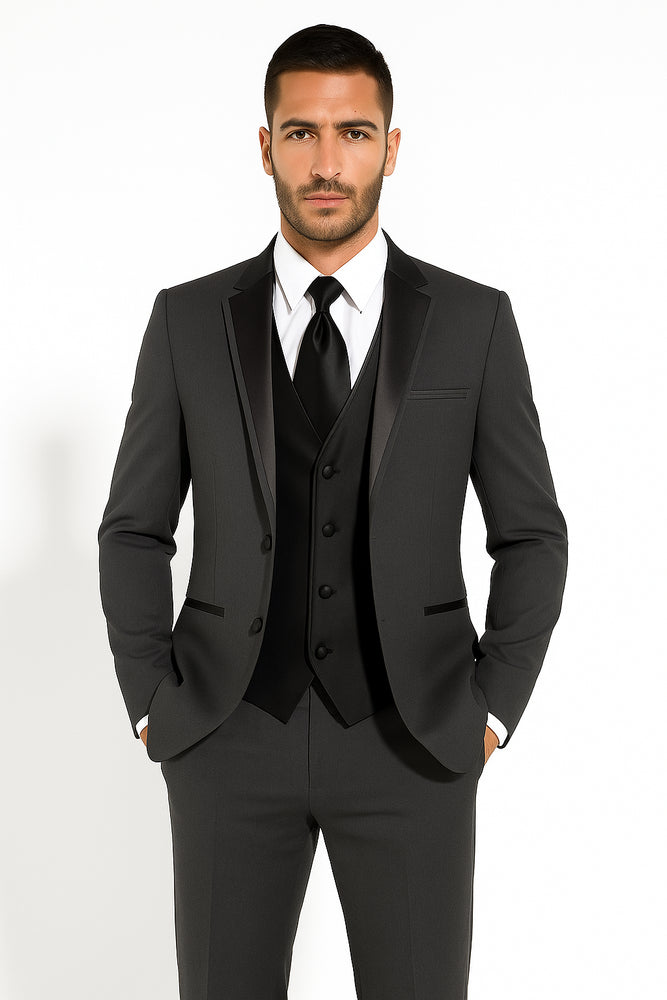 Two Button Charcoal Wool Tuxedo With Black Satin Custom for Wedding or Prom 2026