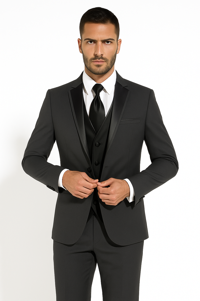 Two Button Charcoal Wool Tuxedo With Black Satin Custom for Wedding or Prom 2025