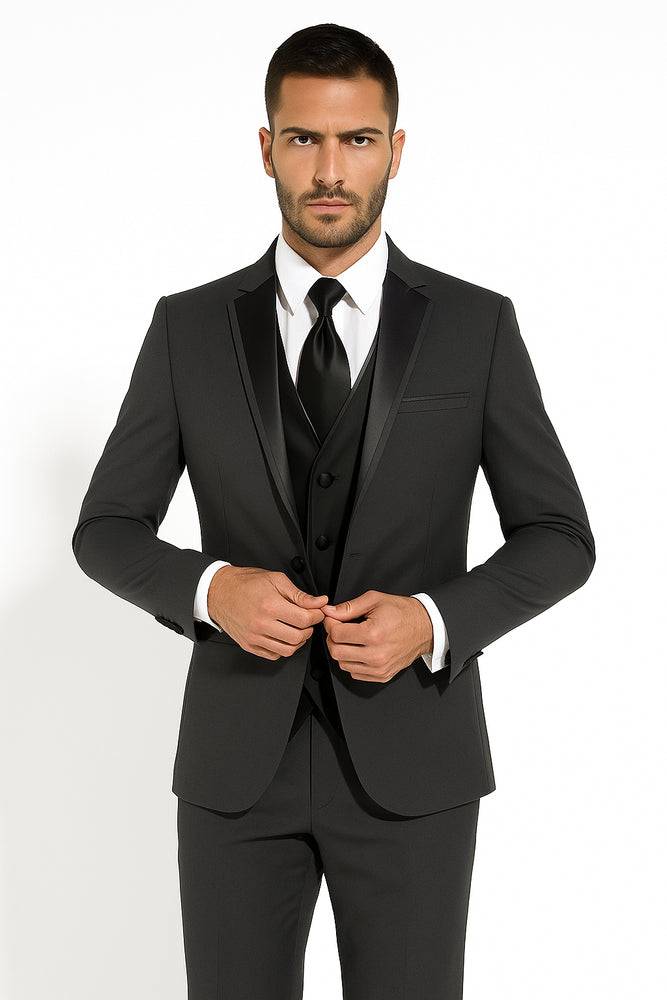 Two Button Charcoal Wool Tuxedo With Black Satin Custom for Wedding or Prom 2026