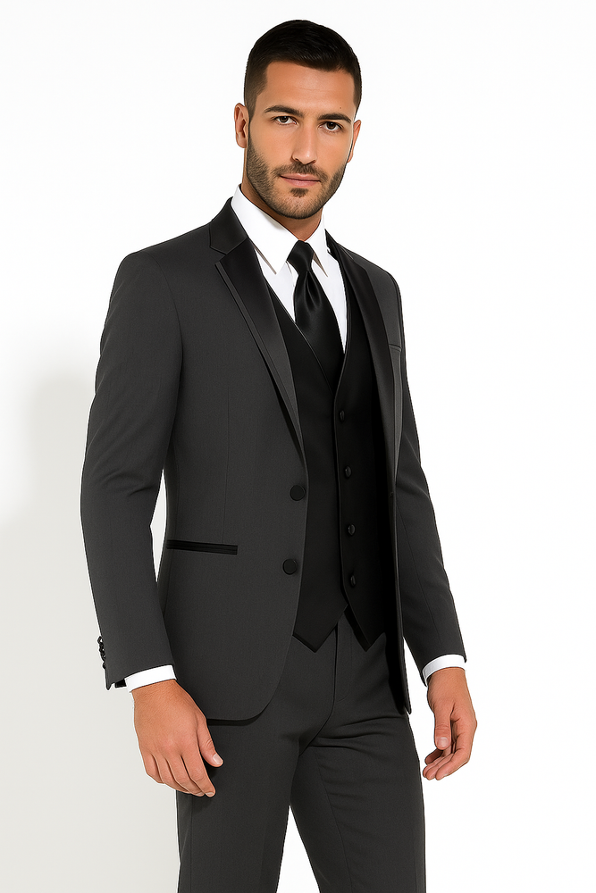 Two Button Charcoal Wool Tuxedo With Black Satin Custom for Wedding or Prom 2025
