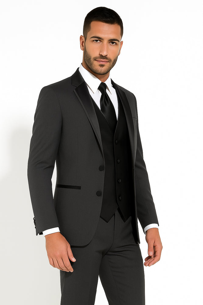 Two Button Charcoal Wool Tuxedo With Black Satin Custom for Wedding or Prom 2026