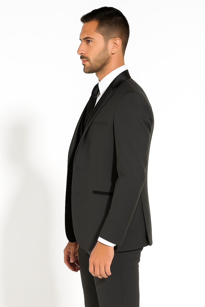 Two Button Charcoal Wool Tuxedo With Black Satin Custom for Wedding or Prom 2025
