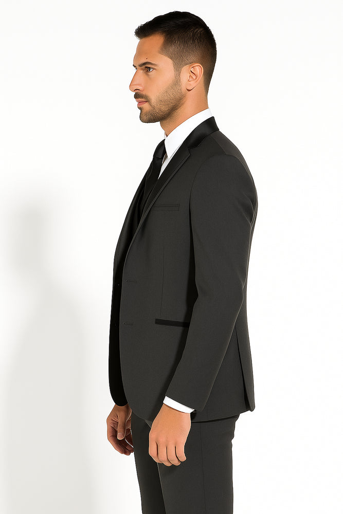 Two Button Charcoal Wool Tuxedo With Black Satin Custom for Wedding or Prom 2026