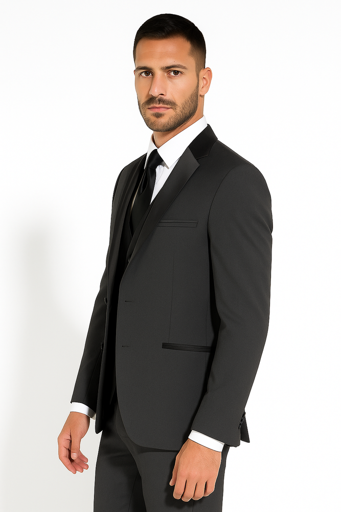 Two Button Charcoal Wool Tuxedo With Black Satin Custom for Wedding or Prom 2025