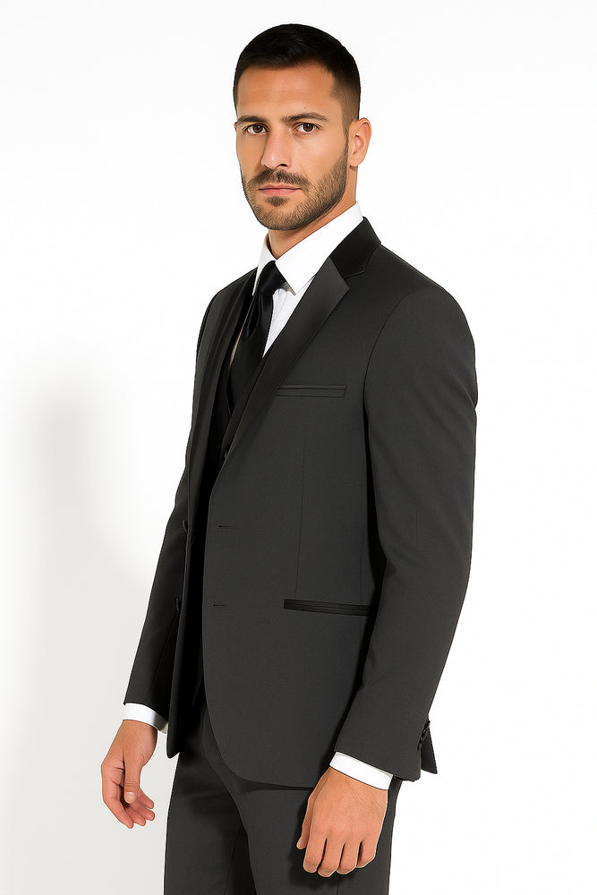 Two Button Charcoal Wool Tuxedo With Black Satin Custom for Wedding or Prom 2026