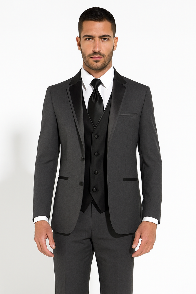 Two Button Charcoal Wool Tuxedo With Black Satin Custom for Wedding or Prom 2025