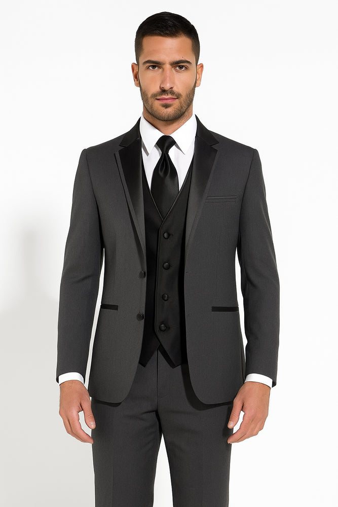 Two Button Charcoal Wool Tuxedo With Black Satin Custom for Wedding or Prom 2026