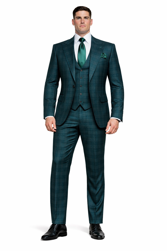 Deep Teal Crosshatch Plaid 3-Piece Tailored Suit with Satin Emerald