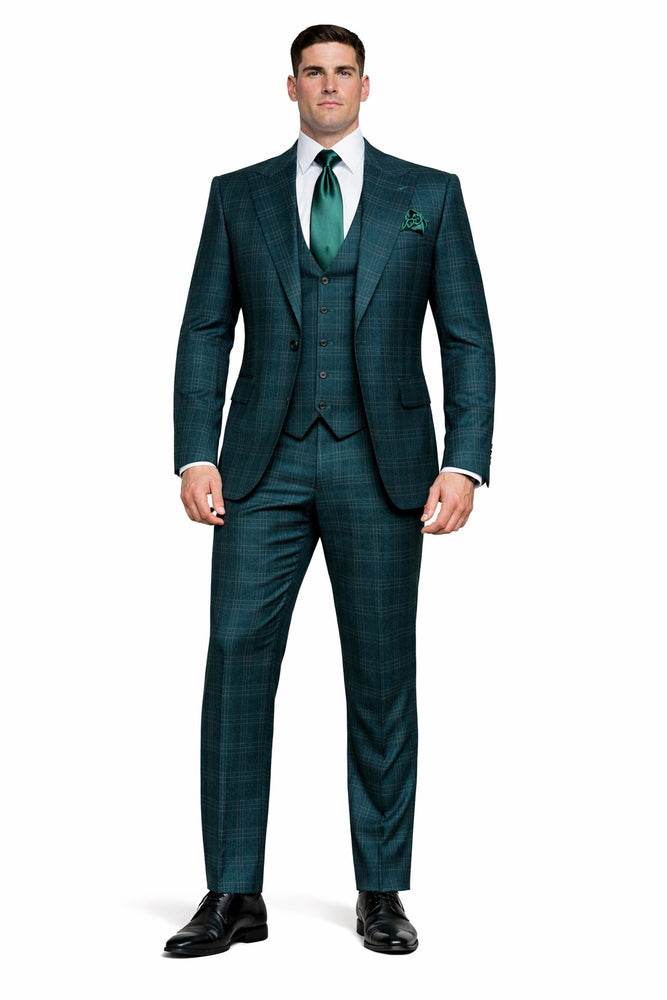 Deep Teal Crosshatch Plaid 3-Piece Tailored Suit with Satin Emerald