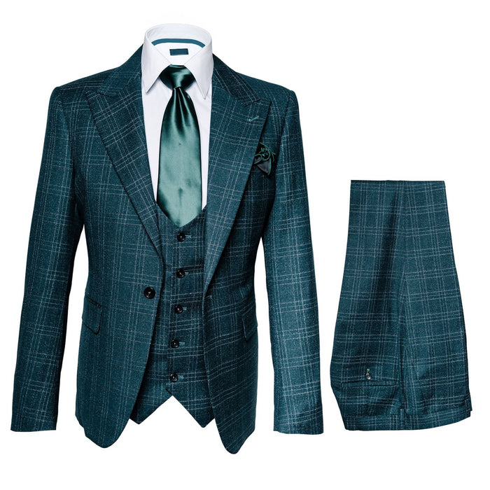 Deep Teal Crosshatch Plaid 3-Piece Tailored Suit with Satin Emerald