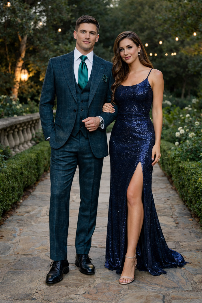 Deep Teal Crosshatch Plaid 3-Piece Tailored Suit with Satin Emerald