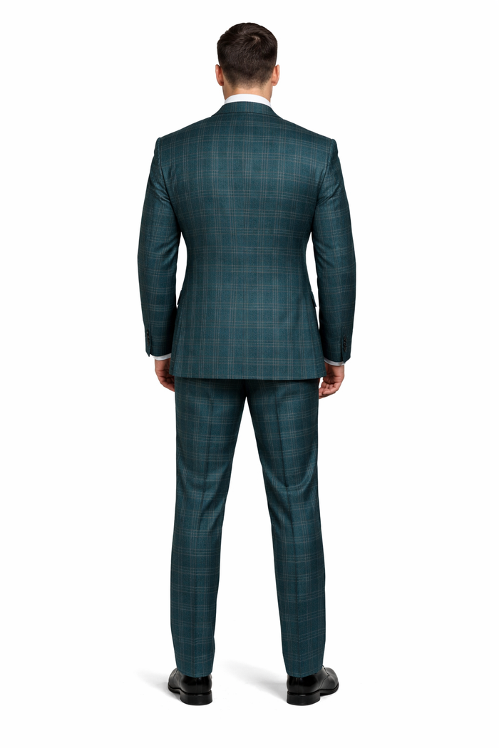 Deep Teal Crosshatch Plaid 3-Piece Tailored Suit with Satin Emerald