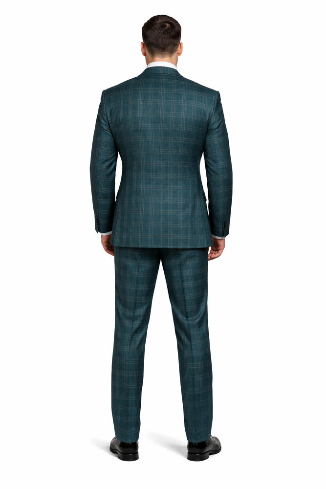 Deep Teal Crosshatch Plaid 3-Piece Tailored Suit with Satin Emerald