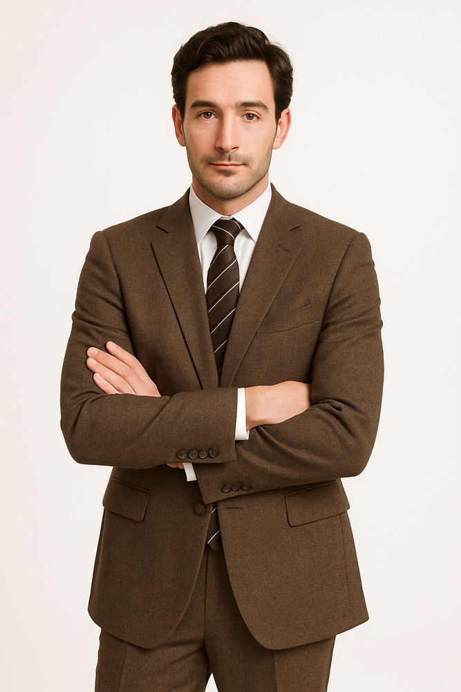 Designer Affordable Inexpensive Men's Plaid Pattern Classic Suit Flat Front Pant Dark Taupe