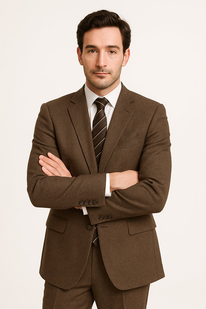 Designer Affordable Inexpensive Men's Plaid Pattern Classic Suit Flat Front Pant Dark Taupe