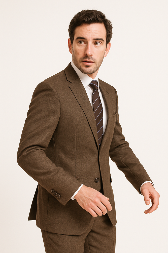 Designer Affordable Inexpensive Men's Plaid Pattern Classic Suit Flat Front Pant Dark Taupe