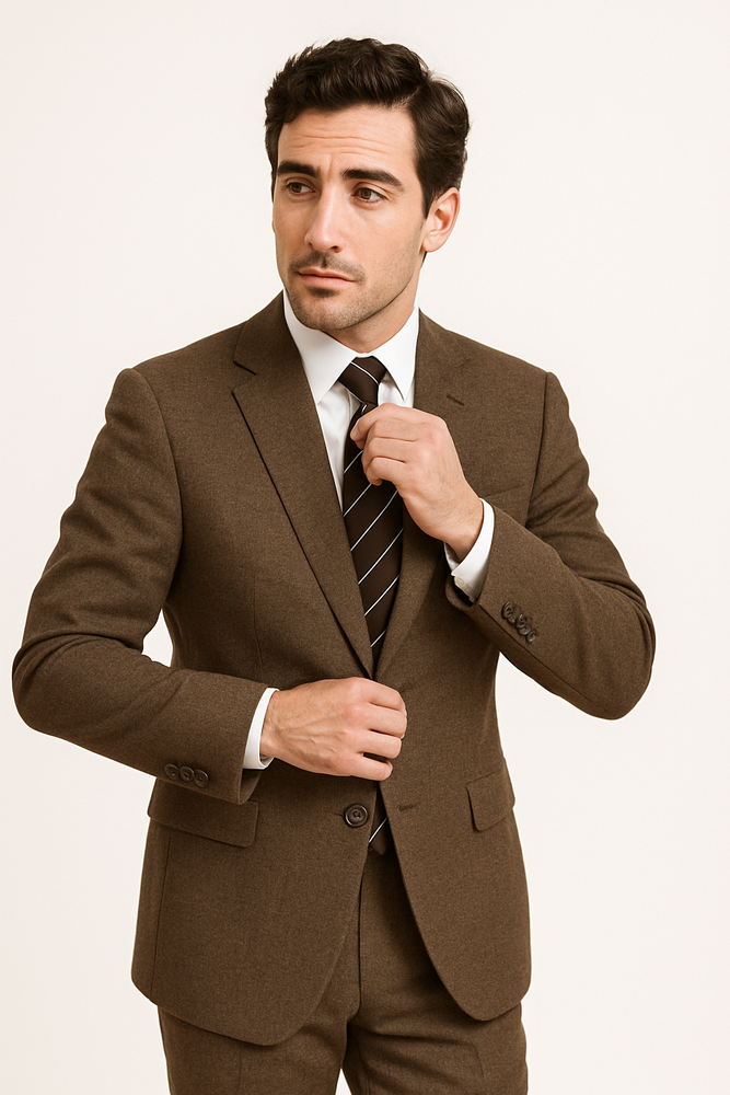 Designer Affordable Inexpensive Men's Plaid Pattern Classic Suit Flat Front Pant Dark Taupe