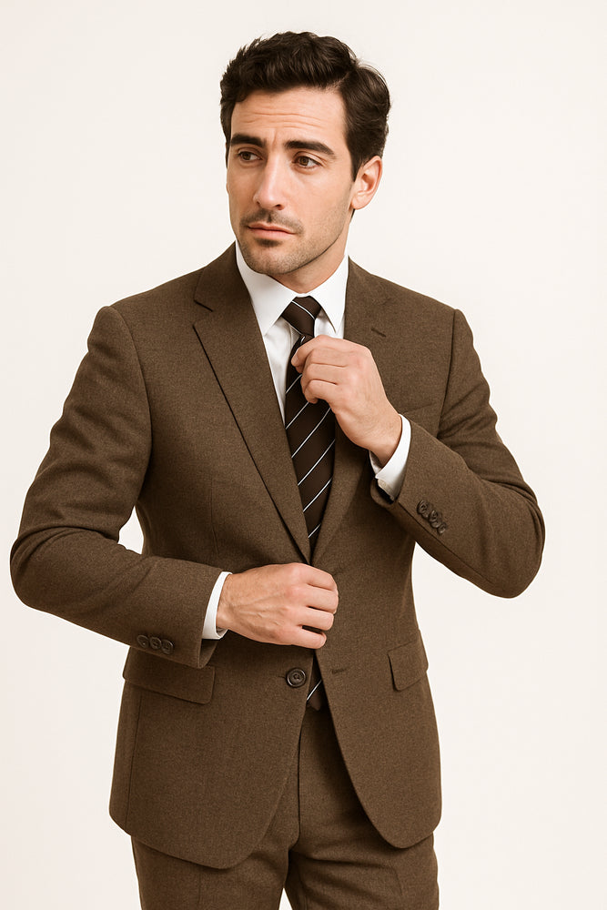 Designer Affordable Inexpensive Men's Plaid Pattern Classic Suit Flat Front Pant Dark Taupe