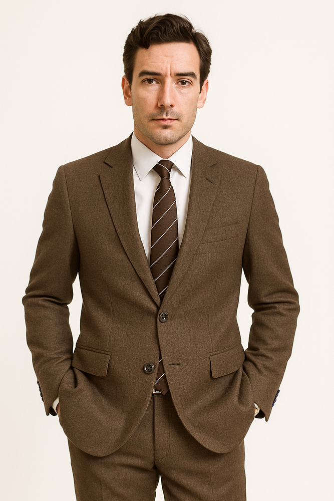 Designer Affordable Inexpensive Men's Plaid Pattern Classic Suit Flat Front Pant Dark Taupe