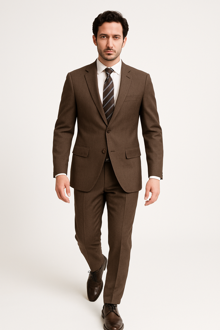 Designer Affordable Inexpensive Men's Plaid Pattern Classic Suit Flat Front Pant Dark Taupe