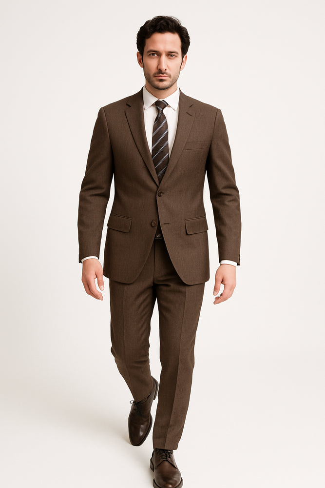 Designer Affordable Inexpensive Men's Plaid Pattern Classic Suit Flat Front Pant Dark Taupe