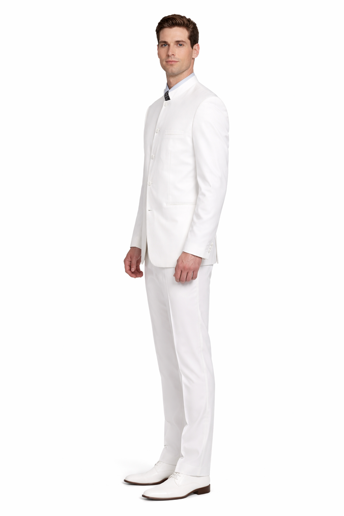 Designer Brand Men's White 5 button Mandarin Collar Suits For Men - All White Suit