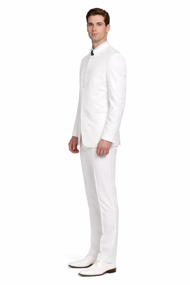 Designer Brand Men's White 5 button Mandarin Collar Suits For Men - All White Suit