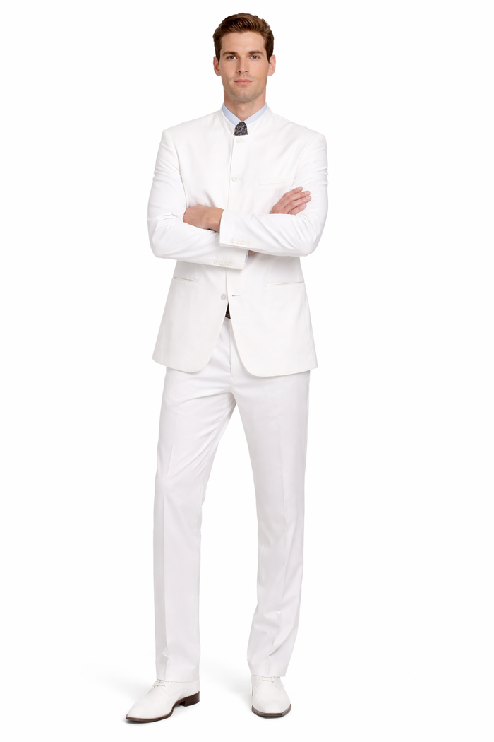 Designer Brand Men's White 5 button Mandarin Collar Suits For Men - All White Suit