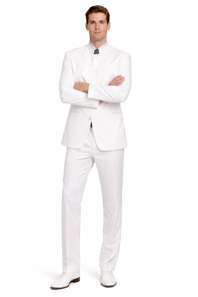 Designer Brand Men's White 5 button Mandarin Collar Suits For Men - All White Suit