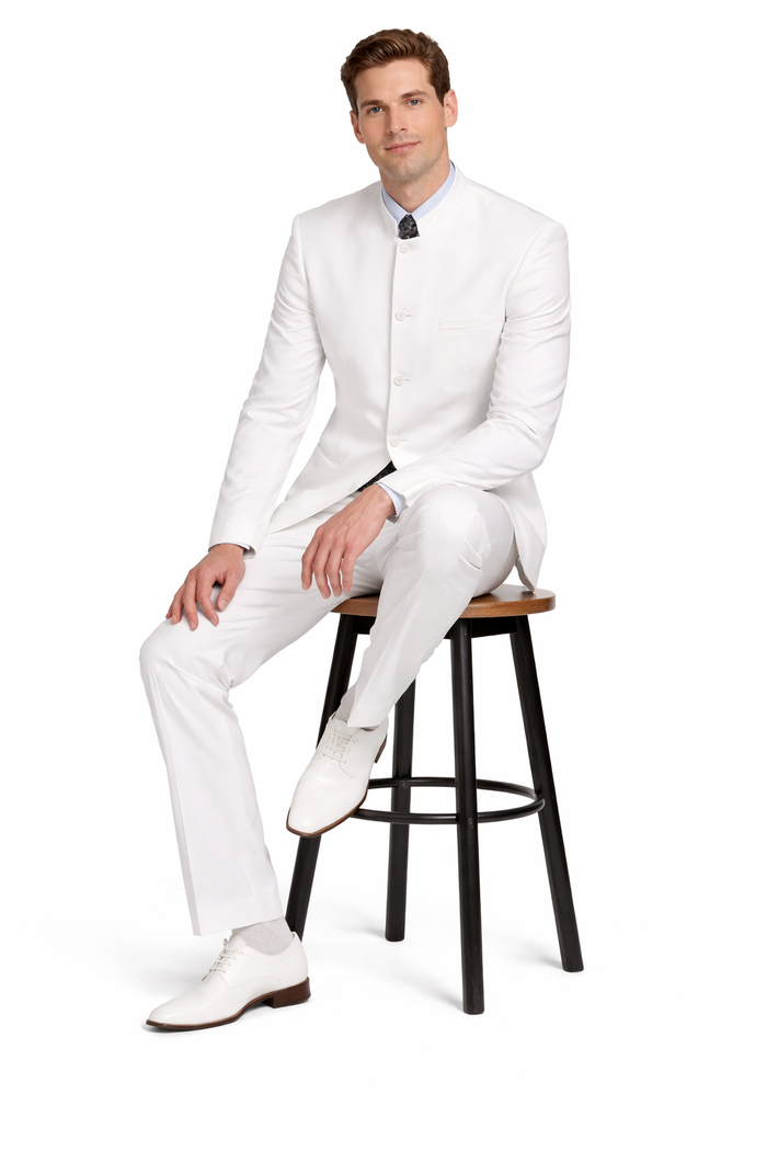 Designer Brand Men's White 5 button Mandarin Collar Suits For Men - All White Suit