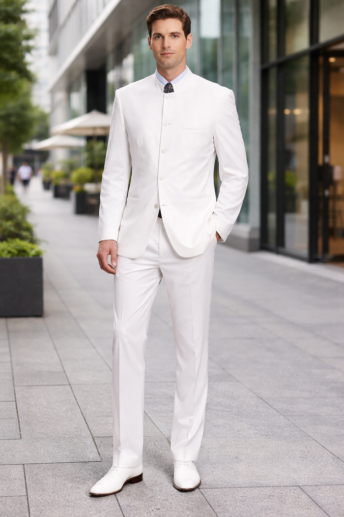 Designer Brand Men's White 5 button Mandarin Collar Suits For Men - All White Suit